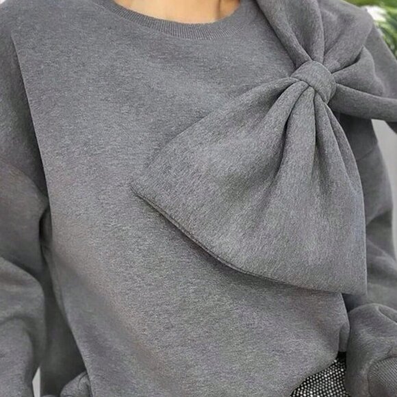 Grey Casual Women's Solid Color Long Sleeve Sweatshirt With Bow Decoration - Picture 3 of 6